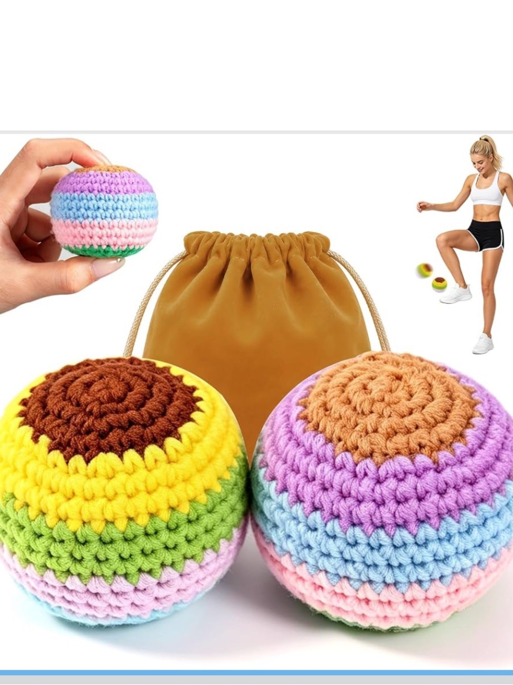 Vintage Style Crochet Hacky Sack Set 2 Pack Soft Knitted Footbag Juggling Balls